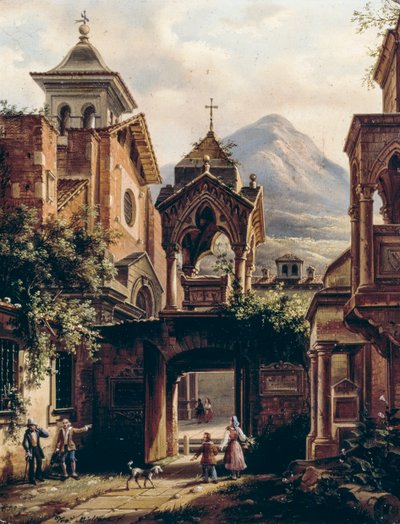 Exterior de antigua abadía con personas, por Giovanni Migliara (1785-1837) de Giovanni Migliara