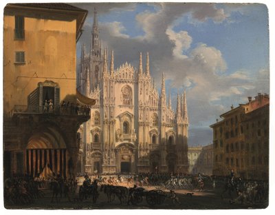 Vista de la plaza del Duomo con el coperto dei Figini y el isolato del Rebecchino, Milán (óleo sobre tabla) de Giovanni Migliara