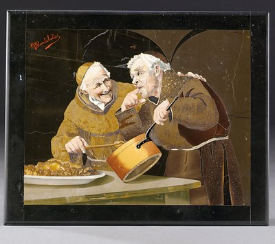 Placa que representa a dos monjes probando comida dentro de un borde negro, Florencia, principios del siglo XX de Giovanni Montelatici