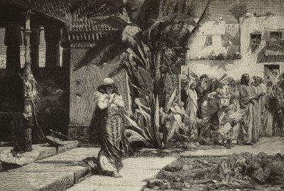 Magdalena, mujer con turbante y procesión en un pueblo de Oriente Medio, grabado de los hermanos Cantagalli a partir de un cuadro de Giovanni Muzzioli (1854-1894), Módena, Italia de L