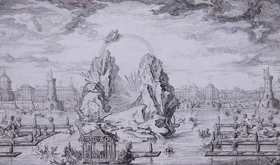 Fuegos artificiales para celebrar el nacimiento del Delfín (hijo de Luis XV), grabado por Jean Dumont, 1730 de Giovanni Niccolo (after) Servandoni