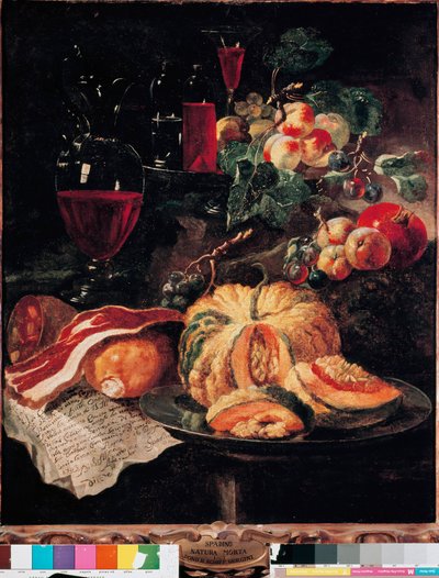 Bodegón Calabaza, tocino, jamón, melocotones y vino. Pintura de Giovan Paolo Castelli dit Lo Spadino (1659-1730) 1703 Roma, Museo de los Conservadores Capitales de Giovanni Paolo Castelli