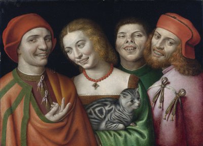 Retrato de tres hombres y una mujer sosteniendo un gato de Giovanni Paolo Lomazzo
