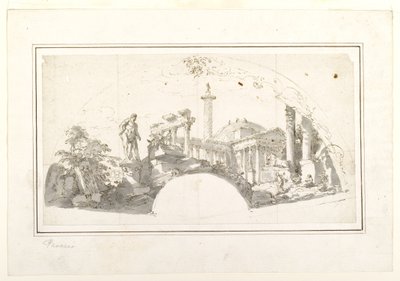 Diseño para un abanico: Capriccio con ruinas romanas y el Hércules Farnesio de Giovanni Paolo Panini