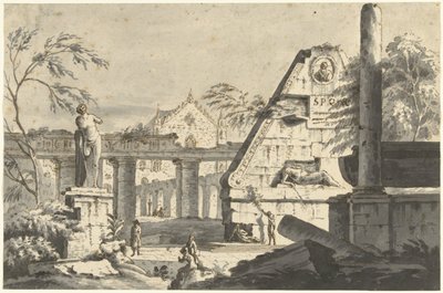 Paisaje con antiguos edificios en ruinas y estatuas de Giovanni Paolo Pannini (possibly)
