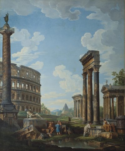 Un capricho con figuras entre ruinas romanas incluyendo el Arco de Constantino y el Panteón de Giovanni Paolo Pannini