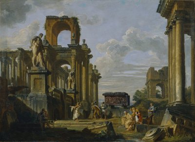 Capricho arquitectónico del Foro Romano con filósofos y soldados entre ruinas antiguas de Giovanni Paolo Pannini