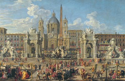 Preparación para el espectáculo de fuegos artificiales en Piazza Navona, Roma, para celebrar el nacimiento del Delfín, 1729 (detalle) de Giovanni Paolo Pannini