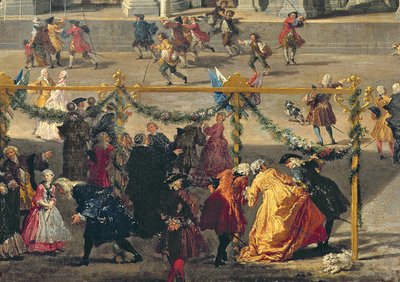Preparación para el espectáculo de fuegos artificiales en la Piazza Navona, Roma, para celebrar el nacimiento del Delfín, 1729 (detalle) de Giovanni Paolo Pannini