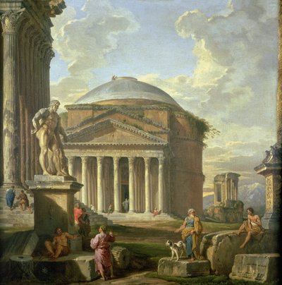 Vista del Panteón, el Hércules Farnesio y otras ruinas romanas de Giovanni Paolo Pannini