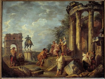 Ruinas arquitectónicas con el arco de Jano, el templo de Vesta y la estatua de Marco Aurelio de Giovanni Paolo Pannini