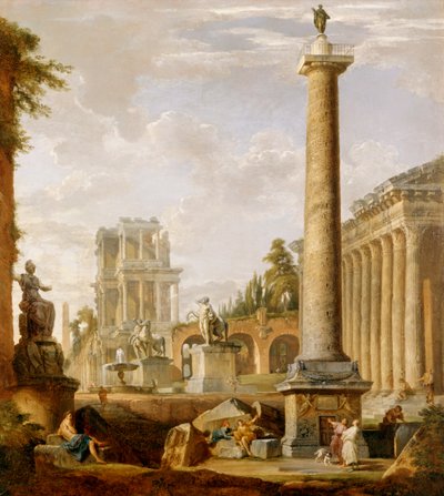 Capriccio de ruinas romanas con la Columna de Trajano (óleo sobre lienzo) de Giovanni Paolo Pannini