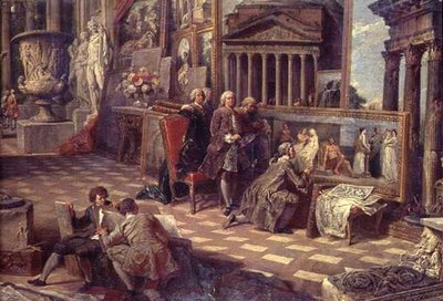 (detalle) Interior de una galería de imágenes imaginaria de Giovanni Paolo Pannini