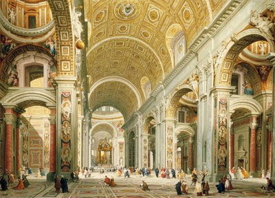 Interior de San Pedro en Roma, mirando hacia el oeste hacia la Tumba de San Pedro de Giovanni Paolo Pannini