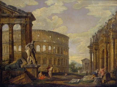 Paisaje con Hércules y ruinas de la antigua Roma de Giovanni Paolo Pannini