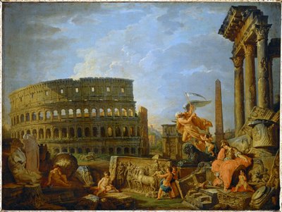 El Coliseo y el Arco de Constantino con la alegoría de la decadencia del Imperio Romano ... (pintura sobre lienzo) de Giovanni Paolo Pannini or Panini