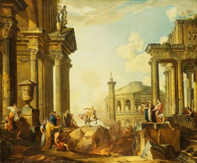 Marco Curcio saltando al abismo, un capricho con la columna de Trajano y otros edificios clásicos al fondo de Giovanni Paolo Pannini