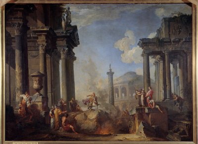 Marco Curcio lanzándose al abismo El valiente ciudadano romano Marco Curcio se sacrificó a los dioses romanos lanzándose a un foro en 362 a.C. de Giovanni Paolo Pannini