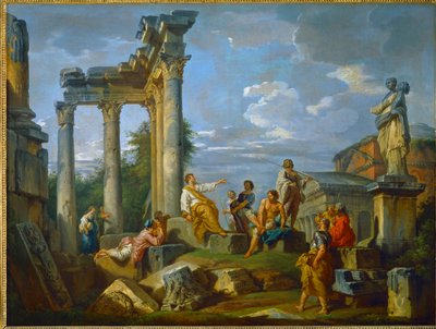 Depredador en medio de las ruinas de Roma enriquecido con figuras, con el Panteón y la estatua de Flora ... (pintura sobre lienzo) de Giovanni Paolo Pannini or Panini