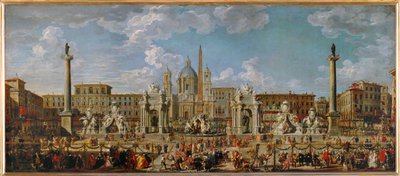 Preparativos para los fuegos artificiales y la decoración de las fiestas en la Piazza Navona de Roma el 30 de noviembre ... de Giovanni Paolo Pannini or Panini