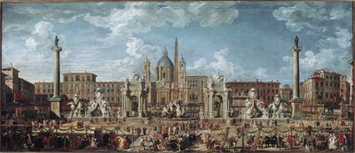 Preparativos para los fuegos artificiales y decoraciones de la fiesta en Roma celebrando el nacimiento del delfín Luis de Francia de Giovanni Paolo Pannini