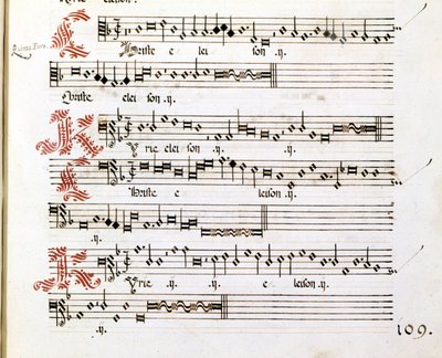 Kyrie manuscrito de las "Misas de Mantua" por Giovanni Pierluigi da Palestrina (1525-1594), compositor italiano de Giovanni Pierluigi da (after) Palestrina