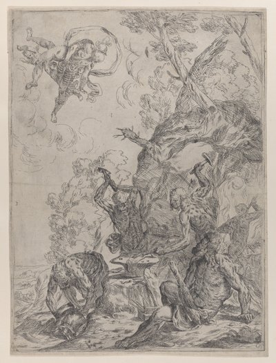 La fragua de Vulcano con herreros golpeando un yunque con martillos, 1640-59 de Giovanni Pietro Possenti