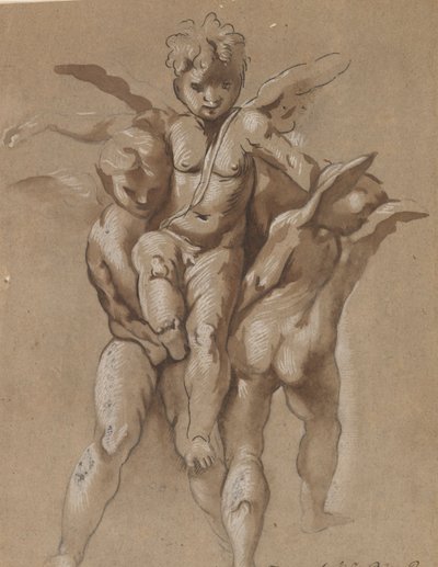 Dos Putti llevando un tercer Putti (anverso); Un joven con un bastón (verso) de Giovanni Pietro Possenti