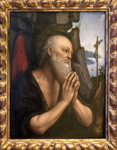 San Jerónimo Penitente. Pintura de Giovanni Pedrini o Giovan Pietro Rizzi o Gian Pietro Rizzoli conocido como Giampietrino (activo de 1495 a 1549), óleo sobre madera, arte italiano, del entorno de Leonardo de Vinci (1452-1519), renacimiento. Museo de Bella de Giovanni Pietro Rizzoli Giampietrino