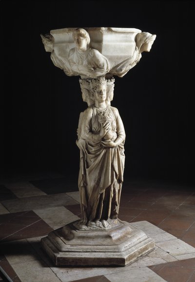 Benditera en el pilar decorado con las tres virtudes teologales y la cuba decorada con los bustos de las cuatro virtudes cardinales, siglo XIII (escultura) de Giovanni Pisano