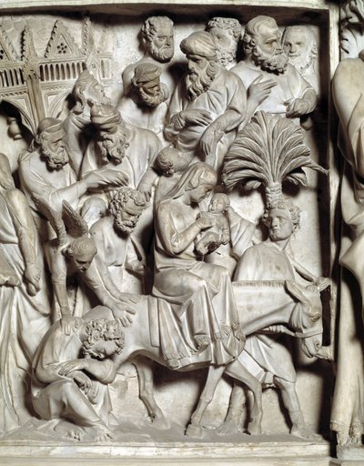 (detalle) de los relieves de la Silla realizada por Giovanni Pisano: la huida a Egipto de Giovanni Pisano