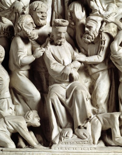 Detalle de los relieves de la Cátedra realizada por Giovanni Pisano (1248-1314): Jesús burlado (detalle) de Giovanni Pisano