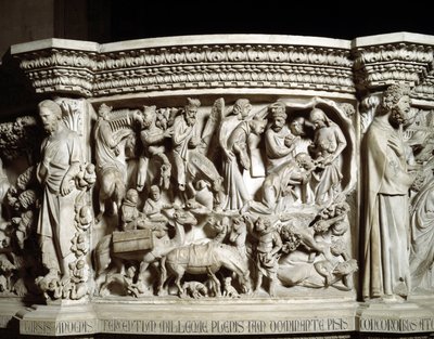 Detalle de los relieves de la Cátedra realizada por Giovanni Pisano (1248-1314): el viaje y la adoración de los magos (detalle) de Giovanni Pisano