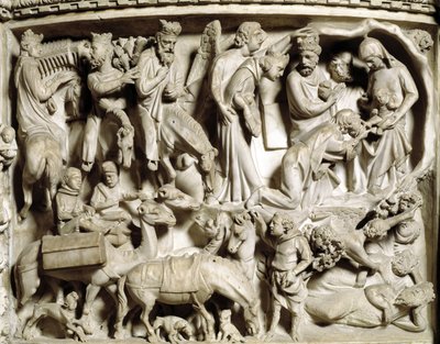 Detalle de los relieves de la silla realizada por Giovanni Pisano: el viaje y la adoración de los magos (detalle) de Giovanni Pisano