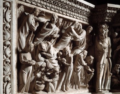 (detalle) de los relieves de la Silla realizada por Giovanni Pisano: la anunciación, la visitación y el nacimiento de San Juan Bautista de Giovanni Pisano