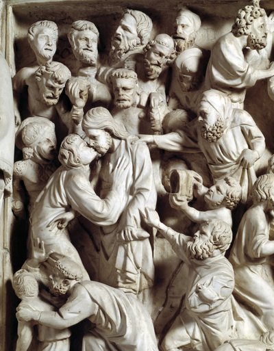 Detalle de los relieves de la Cátedra realizada por Giovanni Pisano (1248-1314): el beso de Judas (detalle) de Giovanni Pisano