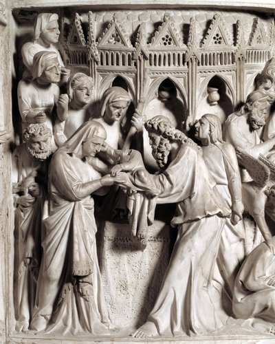 Detalle de los relieves de la silla realizada por Giovanni Pisano: la presentación de Jesús en el templo (detalle) de Giovanni Pisano