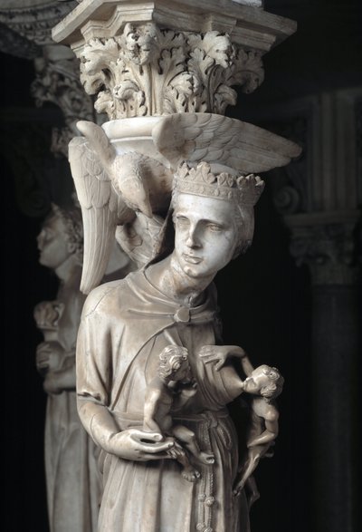Detalle de los grupos esculpidos que sostienen la silla realizados por Giovanni Pisano (1248-1314): la Iglesia alimenta a sus hijos (detalle) de Giovanni Pisano