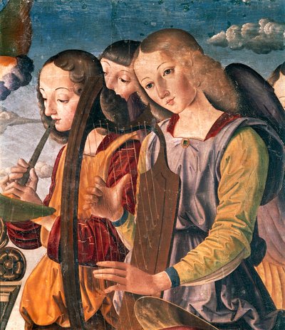 Ángeles con instrumentos, detalle de la Santa Conversación con la Virgen y el Niño entronizados con el donante y los santos de Giovanni Santi