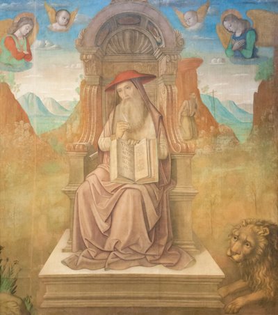 San Jerónimo entronizado (temple sobre tabla) de Giovanni Santi or Sanzio
