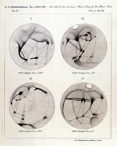Observaciones de Giovanni Virginio Schiaparelli (1835-1910) astrofísico. Observó configuraciones rectilíneas en el planeta Marte, llamándolas los canales marcianos (canali). 1890 de Giovanni Schiaparelli