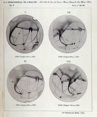 Observaciones de Giovanni Virginio Schiaparelli (1835-1910) astrofísico. Observó configuraciones rectilíneas en el planeta Marte, llamándolas los canales marcianos (canali). 1890 de Giovanni Schiaparelli