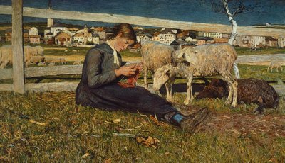Niña haciendo calcetines de Giovanni Segantini