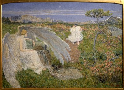 Fuente de la vida: Un ángel observando a una pareja caminar en un paisaje onírico de Giovanni Segantini