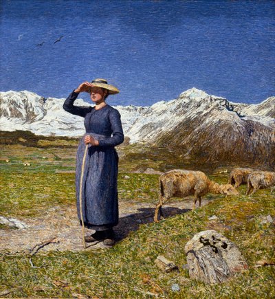 Mediodía en los Alpes. Una pastora protegiendo sus ojos del sol. Pintura de Giovanni Segantini (1891) de Giovanni Segantini