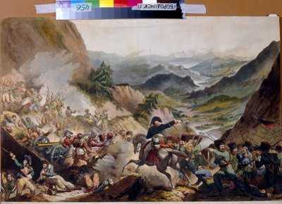 El príncipe Pedro de Bagration (1765-1812) dirigiendo a los cosacos al ataque en los Alpes. (El príncipe Piotr Ivanovitch Bagration dirige a los cosacos al ataque en los Alpes). El héroe ruso es descrito, durante la segunda campaña italiana (1799-1800), en de Giovanni Vendramini
