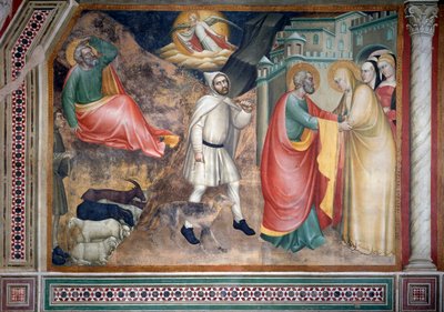 La vida de la Virgen: la anunciación a Joaquín y el encuentro con Santa Ana en la puerta dorada de Giovanni da Milano