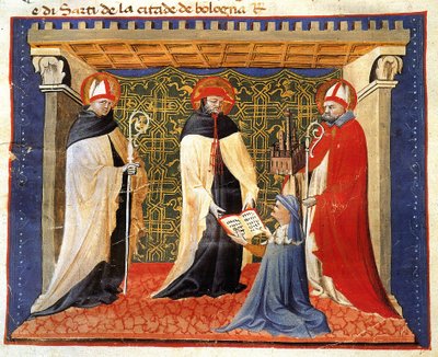 Miniatura de los estatutos de la sociedad de los pañeros de Giovanni da Modena