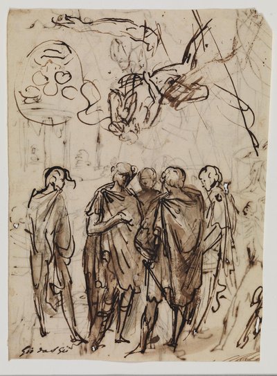 Un grupo de cinco hombres conversando, bocetos para un anciano reclinado, un brazo derecho y posiblemente para un escudo de armas de Giovanni da San Giovanni