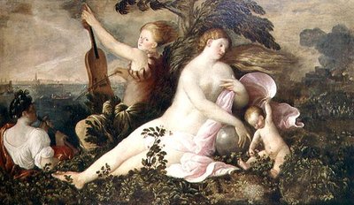 Alegoría de una victoria veneciana, la figura central de la Fortuna o el Azar acompañada de figuras que simbolizan la Naturaleza y la Música, c.1518 de Giovanni de Busi Cariani